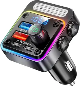 Bluetooth FM Transmitter Car Adapter with 4 Port Fast Charging, 54W Car Charger with PD and QC USB Ports, Wireless Radio Adapter with Hands Free Calling, Deep Bass Music Player, LED Backlit Car Charger for iPhone Android USB Drive