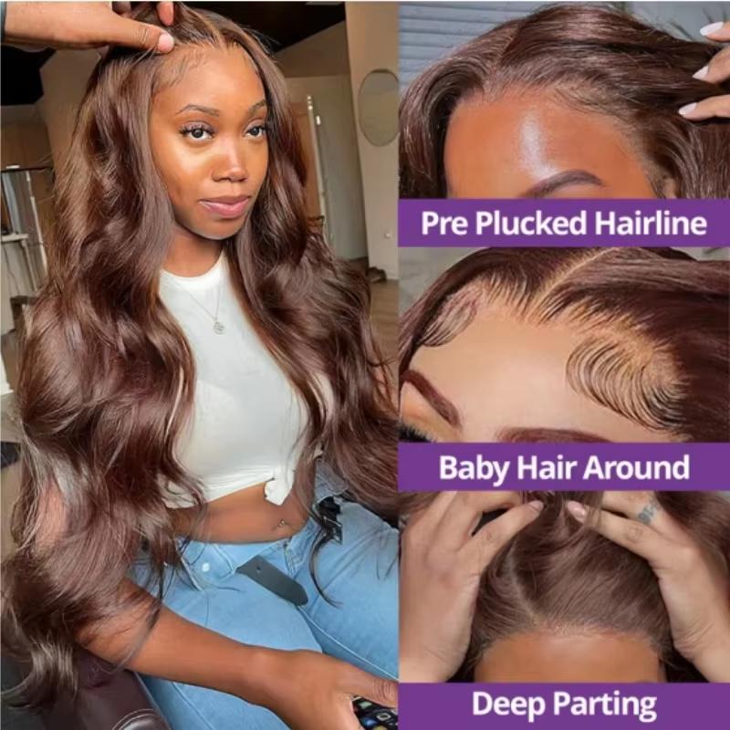 Bling Hair Chocolate Brown Body Wave 13x4 13x6 HD Lace Frontal Wigs Real Human Hair Wig For Women Preplucked Brazilian Human Hair 180% Density Natural Hairline
