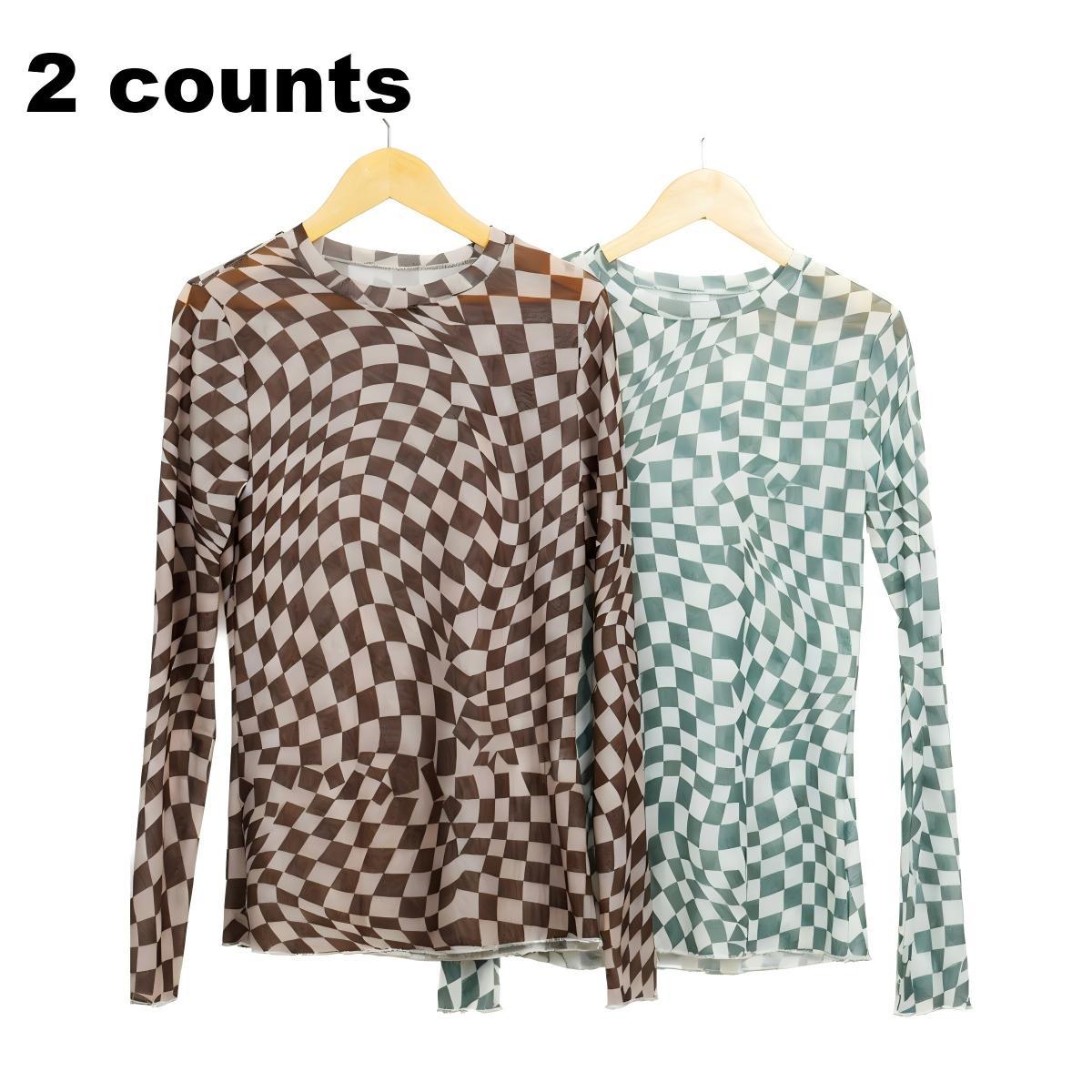 Znacicc Trendy Women's Classic Checkered Pattern Mesh Mock Neck Comfortable Winteroutfit Long Sleeve Top - Lightweight for Daily & Casual Wear