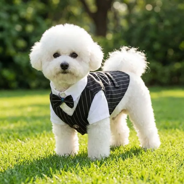 Small Breeds Sleeveless Pinstriped Dog Formal Tuxedo Suit with Bow Tie - Comfortable All-Seasons Gentleman Costume for Bichons (S,2XL), Instant Groom Look for Weddings,Birthday Parties, Photo-Ready Outfit