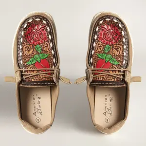 American Darling Hand tooled, carved genuine leather trim lightweight shoe footwear, slip on| Tooled Footwear