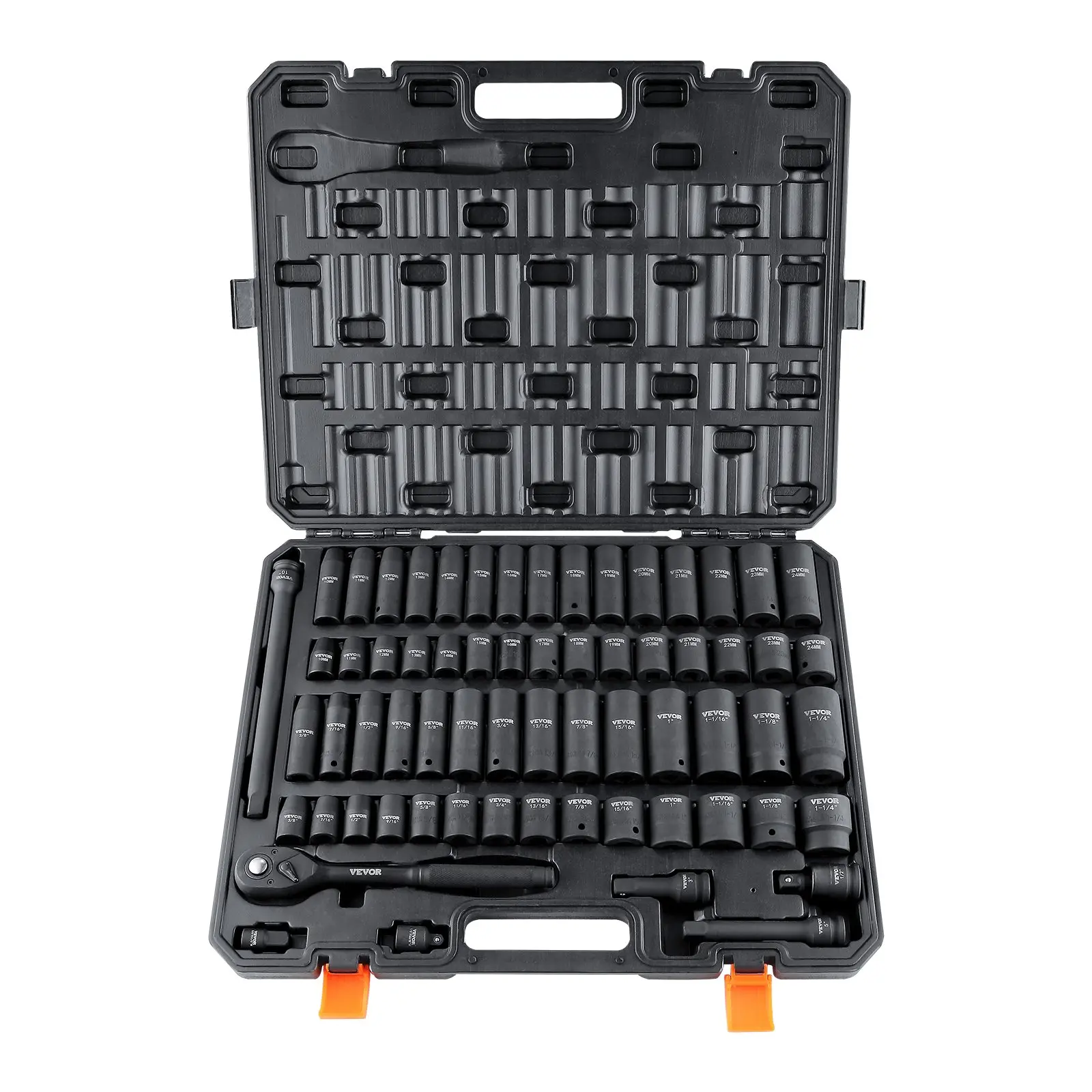 VEVOR 65-Piece Cr-V Steel Impact Socket Set with Tool Box, 3 Adapters, Laser Etched Easy-to-Read SAE/Metric Size Markings, Rugged Construction, Mechanic Auto Repair Tools, Father’s Day Gifts