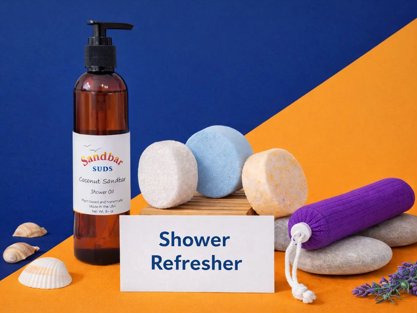 Sandbar SUDS Shower Refresher 5-Piece Aromatherapy Bundle | Essential Shower Spa Set | Includes Deeply Hydrating Shower Oil, 3x Fragrant Shower Steamers & Soap Saver Bag | Quick Self-Care Kit | Handcrafted in USA | Phthalate-Free