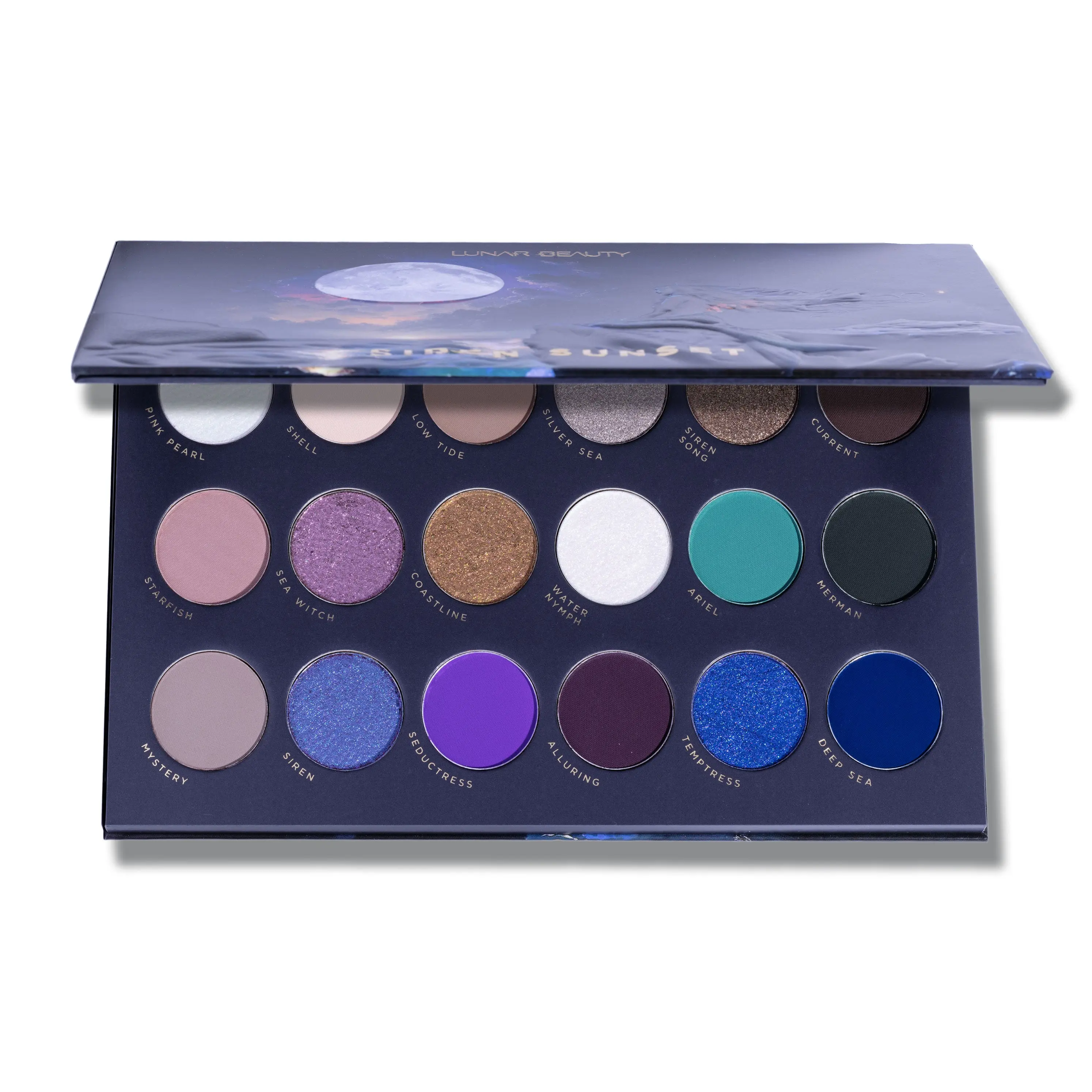 Lunar Beauty Siren Sunset Eyeshadow Palette - 18-Shade Palette with Multi-Chromes, Shimmer, Pearl, Sparkly Makeup, Turquoise Shades, Cosmetic, Metallic
