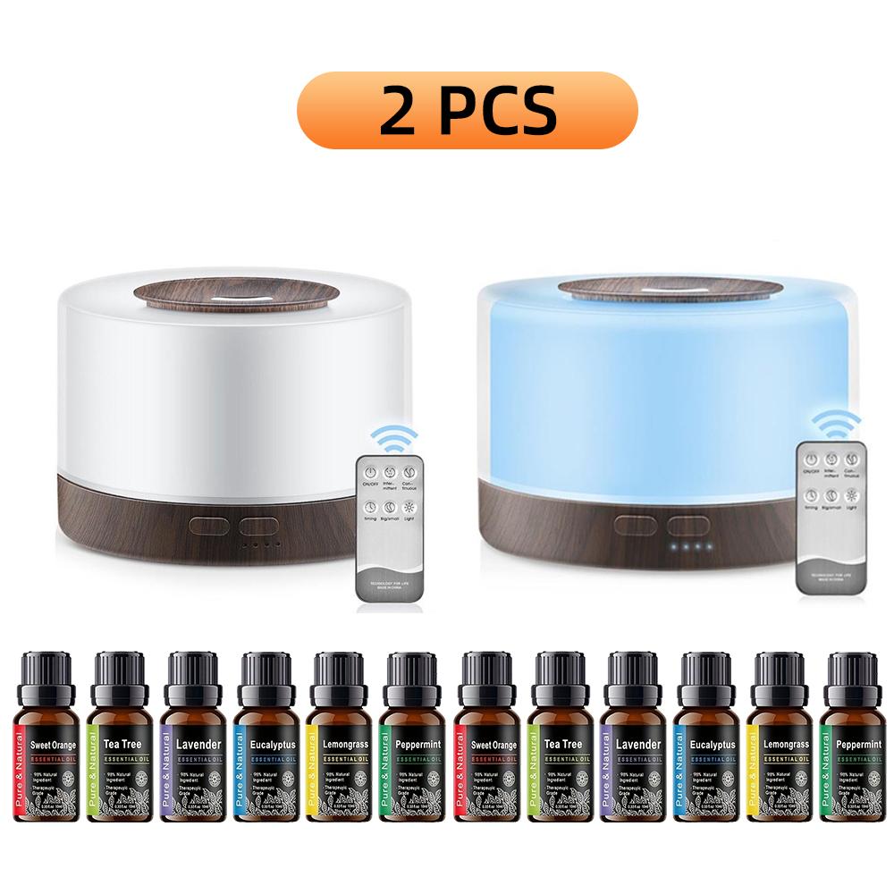 2PCS Aromatherapy Gift Set,500ml Essential Oil Diffuser, 7 Mood Lights, Auto Shut-Off, Ultra-Quiet Mist, 6 Oils