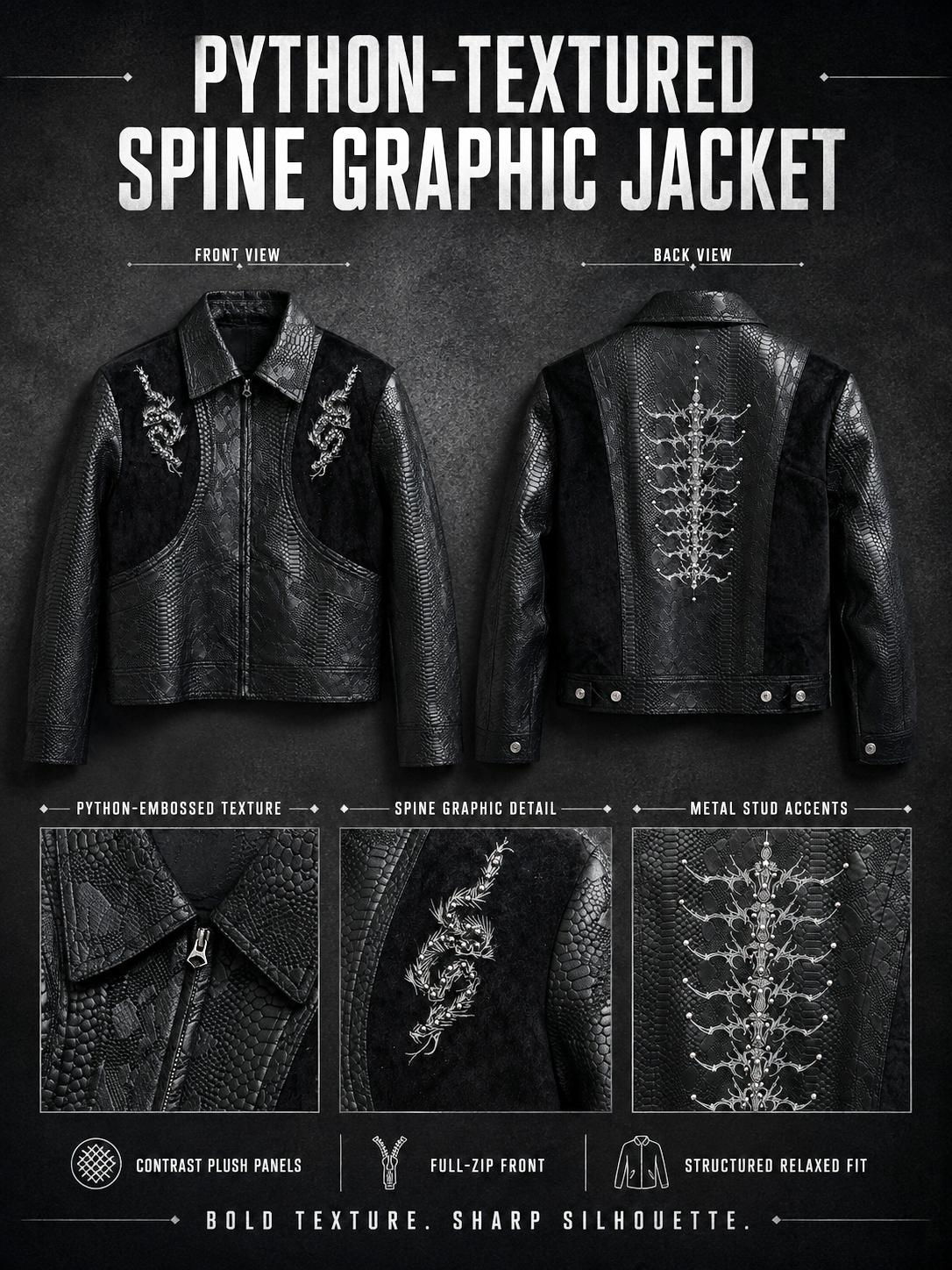 Men's Snakeskin Embossed Leather Jacket, Oversized Moto Biker Coat, Gothic Punk Streetwear Zip-Up Outerwear, Vintage Motorcycle Jacket with Textured Panels, Casual Loose Fit Long Sleeve Fall Winter Fashion, Y2K Rock Style Men's Jacket, Night Out Look