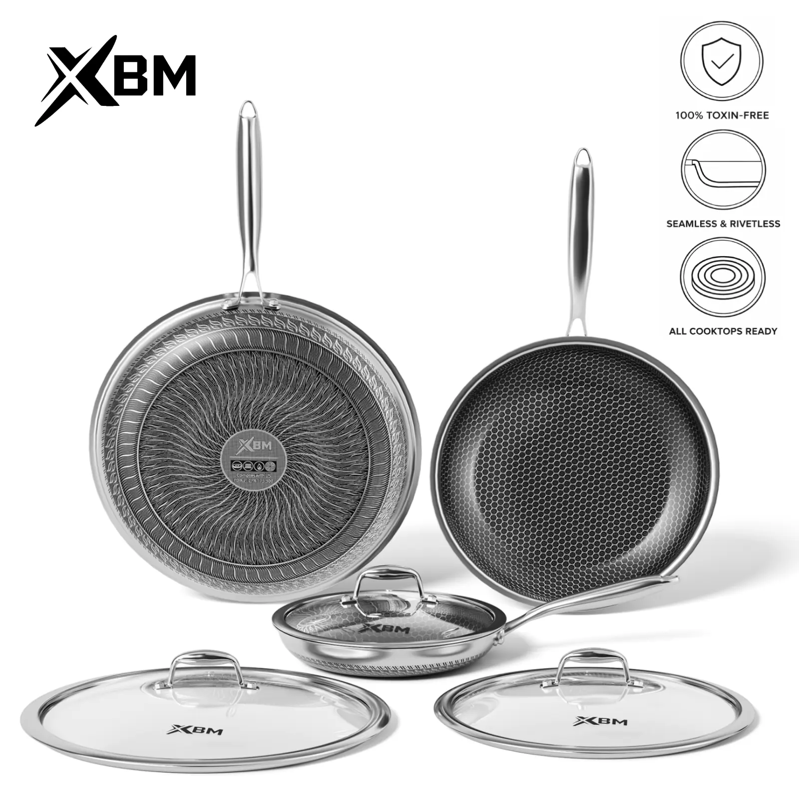 XBM Professional Hybrid Nonstick Frying Pan Set - Seamless & Rivetless Interior, 100% PFOA/PTFE-Free Ceramic Honeycomb, Tri-Ply Stainless Steel, Induction & Oven Safe (1-Pan:7/8/10/12in or 3-Pc Set with Glass Handles, Metal Lid), Honey Comb, Cookware, 10-