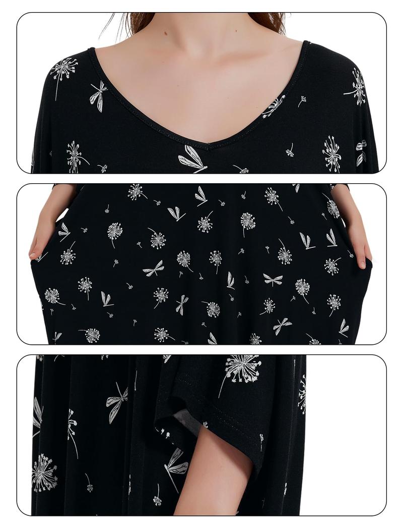 KFUBUO Plus Size Nightgown for Women V-Neck Sleep  Dress Pjs Lounge Short Sleeves Sleepwear With Pocket Fit S-5XL Pajamas Elastic Loungewear Breathable Fabric