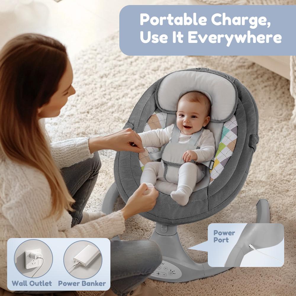 COMOMY Electric Baby Swing for Infants, Hands-Free Baby Soother, for Newborn Boy Girl, 5 Sway Speeds with Remote Control, Adapter Operated/AC power, 10 Preset Melodies and Bluetooth, 0-6 Months Max 20 Lbs, Swing Electric Toddler Baby Rocker Portable
