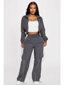 Steal The Moment Windbreaker Pant Set Charcoal Combo Light Blue Orange Jogger Set Jacket Front Zipper Elastic Waistband Non Stretch 100% Nylon