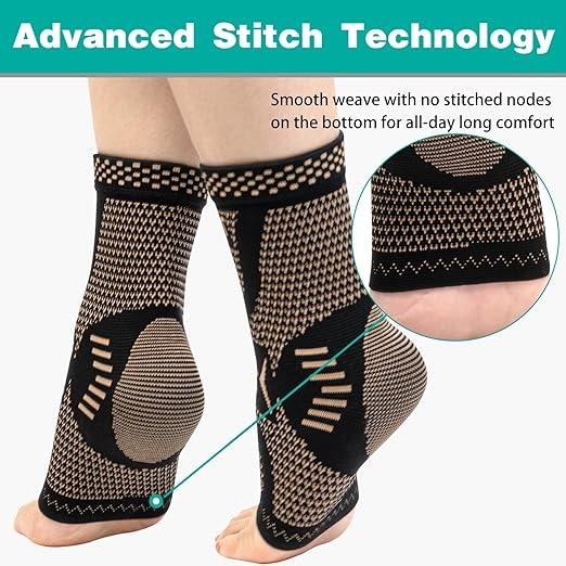2PCS Copper Ankle Brace Compression Sleeve – Support for Achilles Tendonitis, Plantar Fasciitis, Swollen Feet, Sprained Ankle Recovery – Athletic Sports Wrap for Running, Basketball, Workout – Men & Women (Pair)
