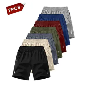7 Pack Men's Quick Dry Breathable Shorts, Casual & Athletic Style, Wrinkle-Free Design, Polyester Blend, Solid Color with Reflective Stripes, Suitable for Running, Soccer, Badminton, Basketball, Ping Pong, Weightlifting, Gym Workouts, Men's Shorts Set, At
