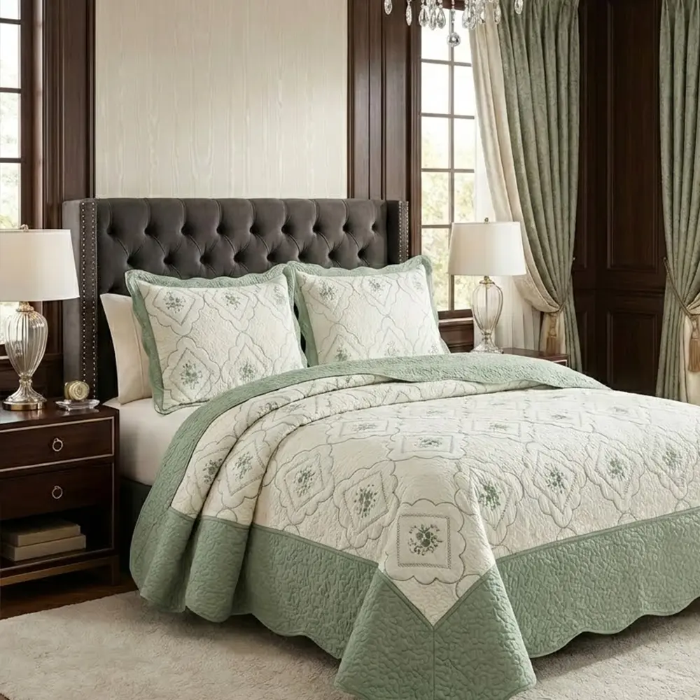 3 Pcs Embroidered Diamond Quilt Polyester Fabric Bedspread Set, Reversible Microfiber Coverlet, Color Block, Wrinkle Resistant, Breathable, Lightweight All Seasons, Machine Washable Holiday Gift For Family, Local Warehouse (Queen, King, Cal King), Decorat