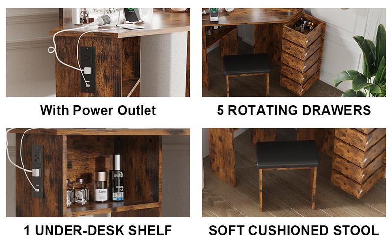 【Restock Sale】GARVEE Makeup Vanity Desk with Adjustable Lights, Power Outlet, and 5 Rotating Drawers - Stylish Corner Dressing Table with Shelves and Stool for Women and Girls, Perfect for Makeup and Beauty Routine.