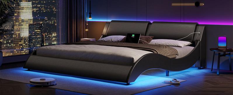 Sikaic Wave Like Curve LED Lighting Platform Bedframe with Charging Ports and Headboard Black Unique Bedroom Furniture Upholstered Modern Cama App Control Remote Control