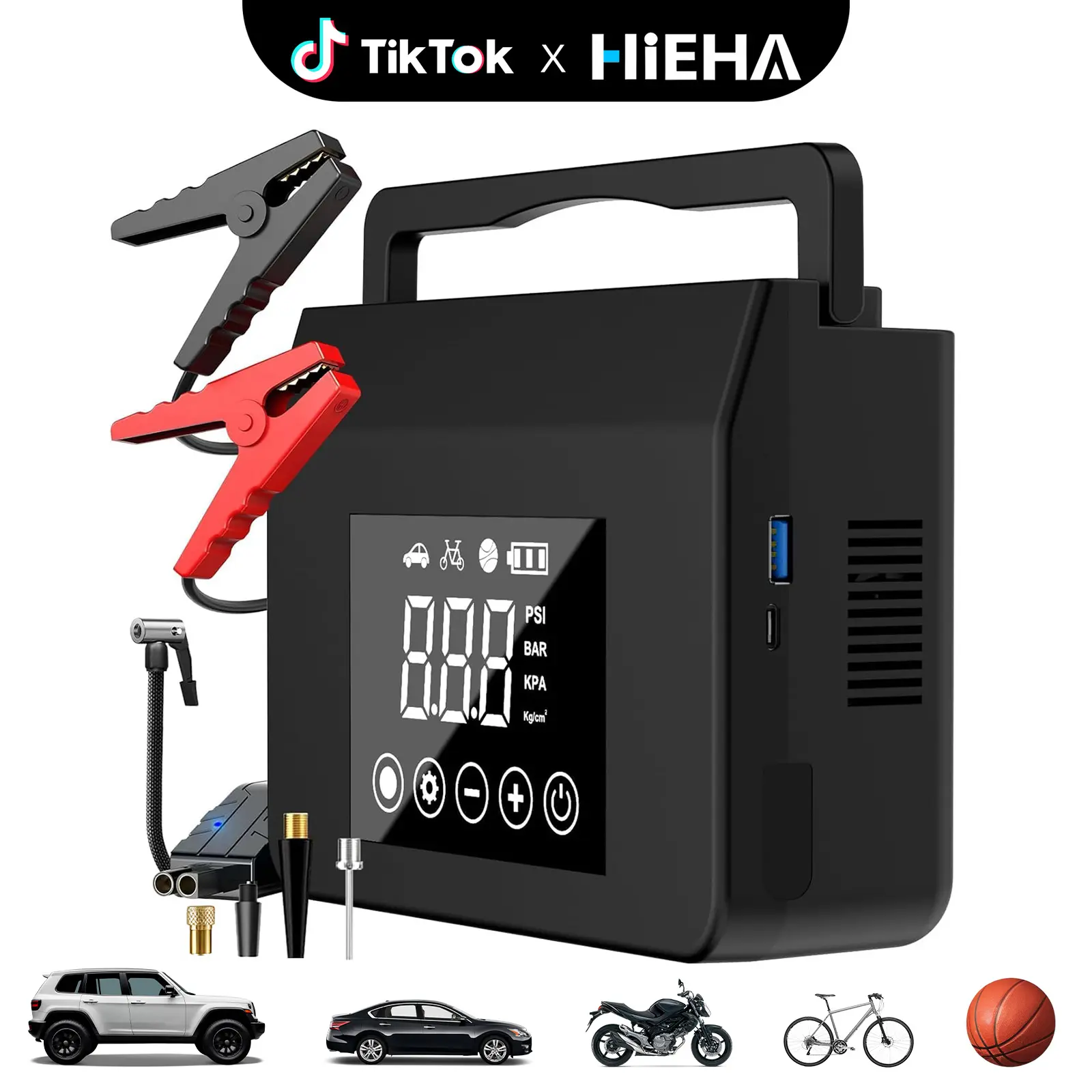 【HiEHA | TikTokShopBackToSchool】3-in-1 Vehicle Booster - 8000mAh Portable Air Compressor (0-150 PSI), Car Tools with LED Display, Car Jump Starters, Portable Power Bank Charger, LED/SOS Light for Vehicles, Bikes