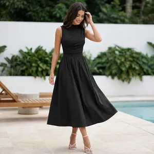 Miusol 85234B Women's Summer Maxi Dresses for Women 2026 Spring Sleeveless Half Collar Casual Ruched Swing A-Line Dress with Pocket Sundress Flowy Beach Dress