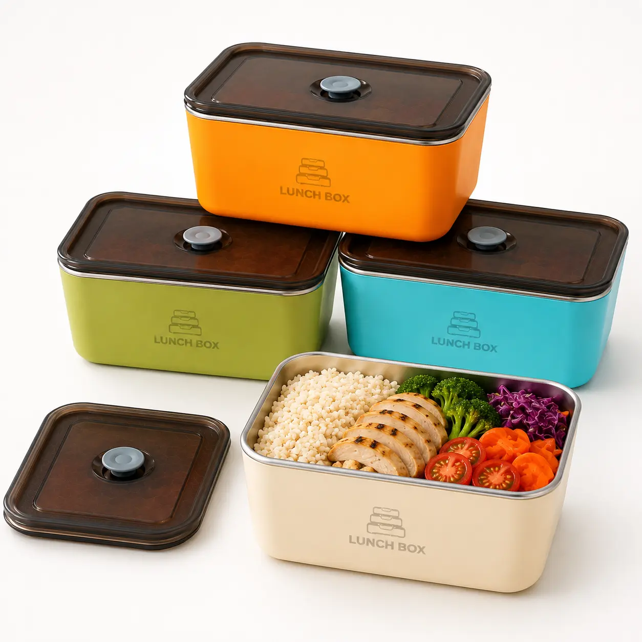 2-Pack Rectangular Stainless Steel Food Storage Set (13.7x11cm) - Space-Saving Stackable Kitchen Preserving Containers with Leakproof Lids, Removable Liners, BPA-Free PP Outer Shell, Silicone Vent Valve for Work, School