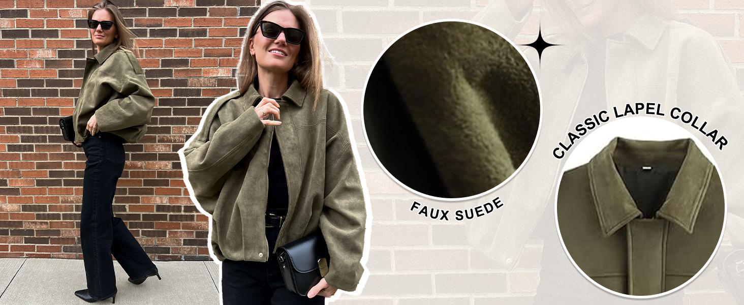 SCUSTY Women's Faux Suede Bomber Jacket Oversized Streetwear Y2K Lapel Long Sleeves Motorcycle Coat