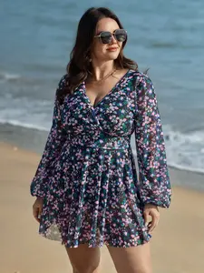 【Summer Turn-Up】【Tummy control】BlOOMCHIC Plus Size Floral Print Long Sleeve Layered Swim Dress [M-6X] 2026 Summer Pick for Mother's Day