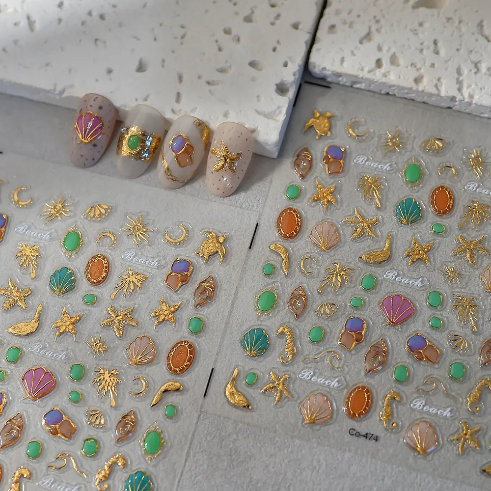 Gold Foil Ocean Nail Stickers – Sea Turtle Fish Sea Star Seashell Nails Decals