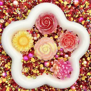Peach Bellini -  Rose Mix - Floral Resin Cabochon Mix with Rhinestones – Assorted Flower Resin Charms for Whipped Cream Glue, Resin Art & Mirror Decoration
