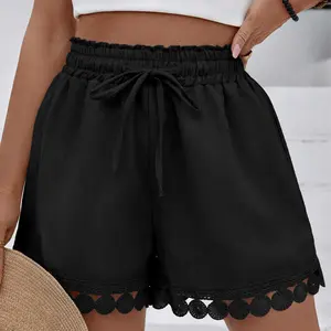 Casual Shorts Women's Elastic Waist Drawstring Beach Shorts with Floral Lace Hem Springfresh