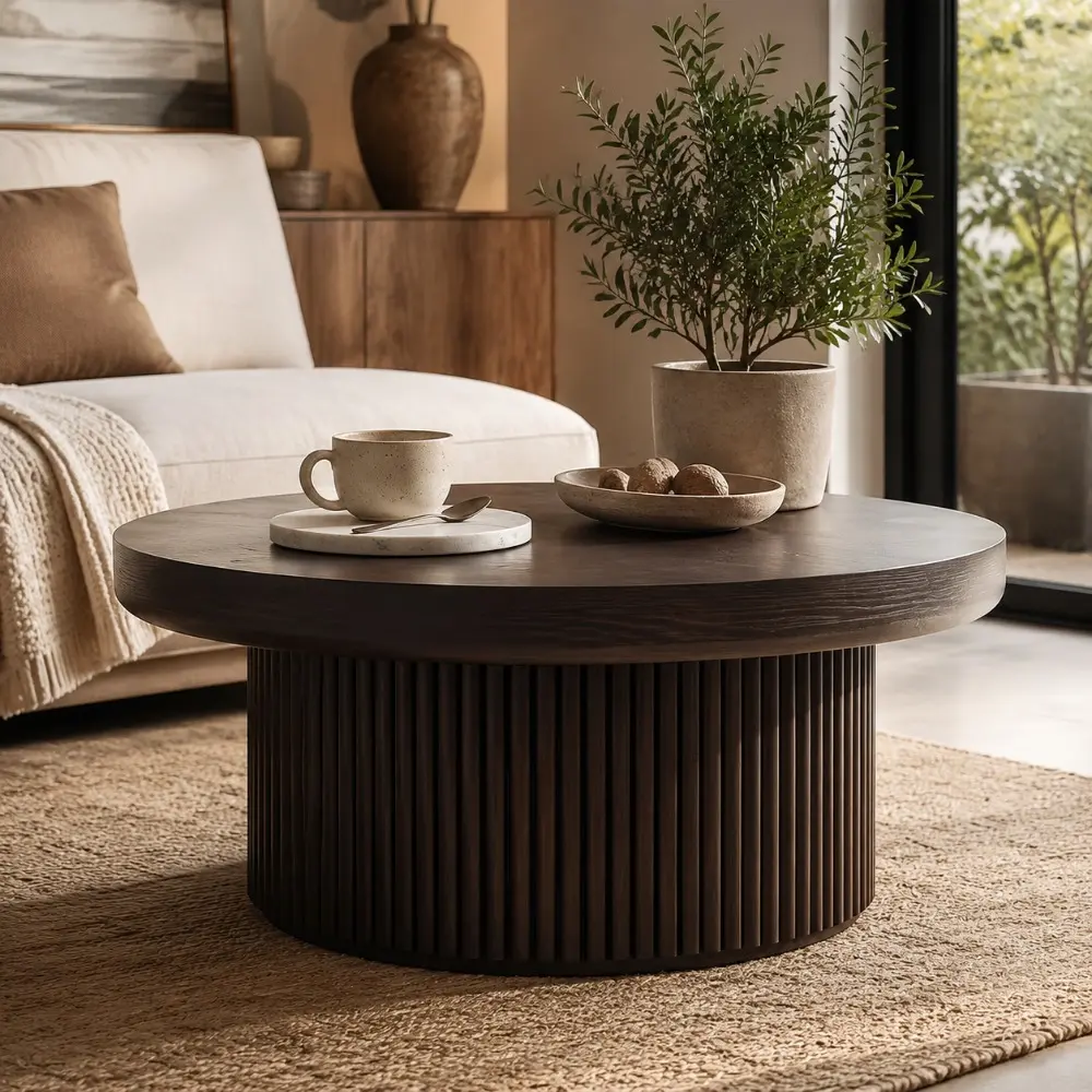 Littleox 33.5'' Round Fluted Coffee Table with Real Wood Parquet Pattern Top & Cylindrical Base, Thickened Tabletop, Mid-Century Modern Circle Cocktail Table for Living Room, Small Space, Black