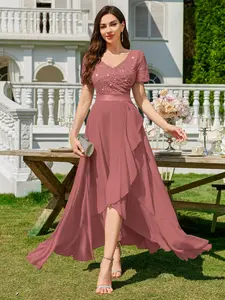 Miusol 24233 Women's V-Neck Elegant Sequin Lace Ruched Short Sleeve Ruffle Wedding Party Bridesmaid Dress