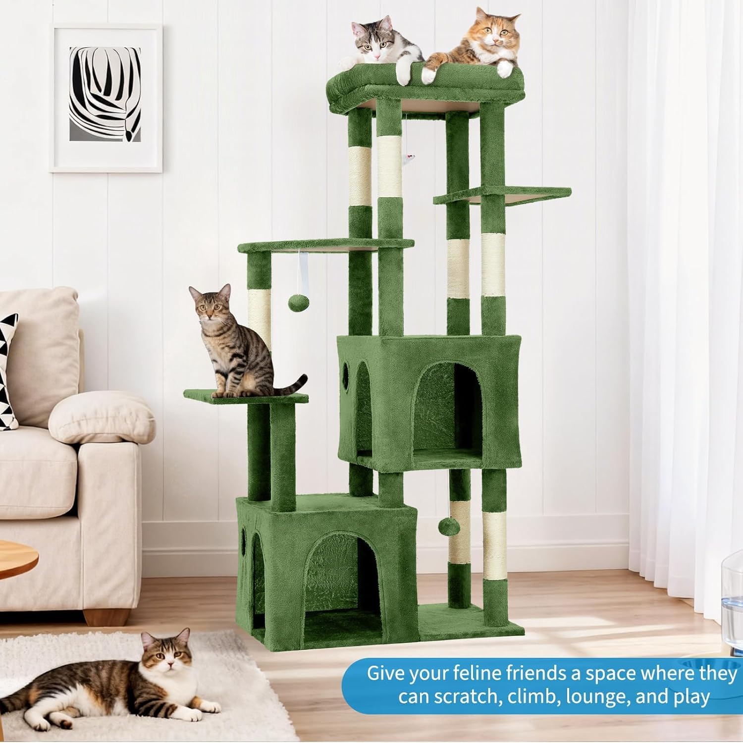 61" Large Cat Tree Tower for Indoor Cats, Heavy-Duty Multi-Level Cat Condo for Maine Coon & Big Cats with Extra-Large Perch, 2 Spacious Houses, Sisal Scratching Posts & Hanging Toys 61" Large Cat Tree Tower for Indoor Cats, Heavy-Duty Multi-Level Cat Condo for Maine Coon & Big Cats with Extra-Large Perch, 2 Spacious Houses, Sisal Scratching Posts & Hanging Toys