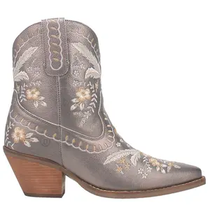 Dingo Womens Primrose Floral Embroidered Metallic Pull On Snip Toe  Casual Boots Ankle Mid Heel 2-3" - Grey