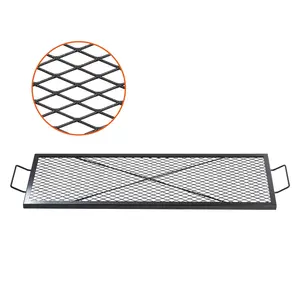 VEVOR X-Marks Fire Pit Grill Grate, Rectangle Cooking Grate, Heavy Duty Steel Campfire BBQ Grill Grid with Handle & Support X Wire, Portable Camping Cookware for Outside Party Gathering