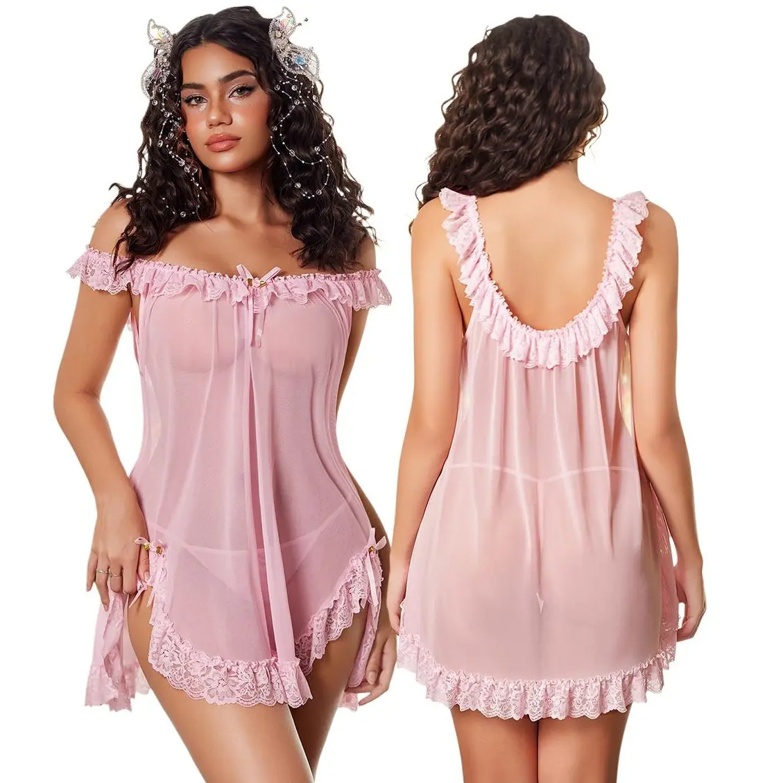 Avidlove Women 2 Piece Babydoll Lingerie Set Sheer Mesh Lace Slip Nightgown | Mesh Babydoll Lingerie Set With Lace Ruffle Slip and Thong.Perfect for Honeymoon,Wedding Night and Bridal Boudoir Shoot