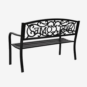 VINGLI Outdoor Metal Garden Bench with PVC Back Pattern, Black Steel Welcome Bench for Patio, Porch, Deck, Yard, Lawn Decor Entryway