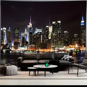 Night Cityscape Tapestry Wall Hanging - 100% Polyester Fade-Resistant Lightweight Machine Washable Hand-Sewn Horizontal Modern Skyscraper & Water Reflection Design for Living Room, Dorm, Apartment Decor, Modern Decor, Home Decoration, ConteTapestry Decor