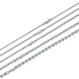 Ball Bead Moon Cut "Dog Tag" Chain Necklace - Rhodium Finish 925 Sterling Silver - 16"-30" - 2mm-5mm