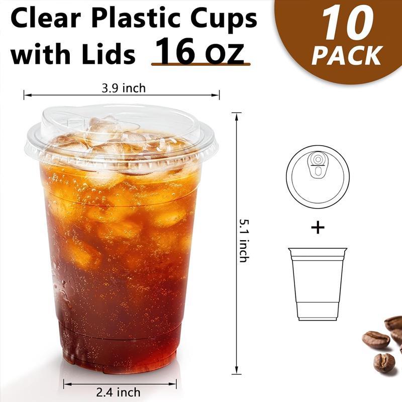 10-Pack Leak-Resistant Disposable Clear Plastic Coffee Cups - With Lids Food-Grade for Office Home Parties Hot/Cold Drinks