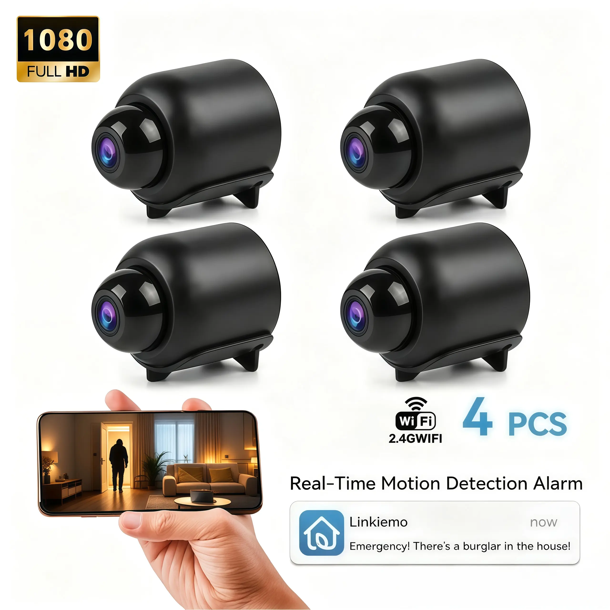 4 Pack Mini 1080P WiFi Security Camera, 2.4G Wireless Indoor Nanny Cam, Night Vision, Human Motion Detection, Remote Phone App Control, Dual Storage Support SD Card & Cloud Storage, Portable Surveillance Camera for Baby Pet Home Monitoring