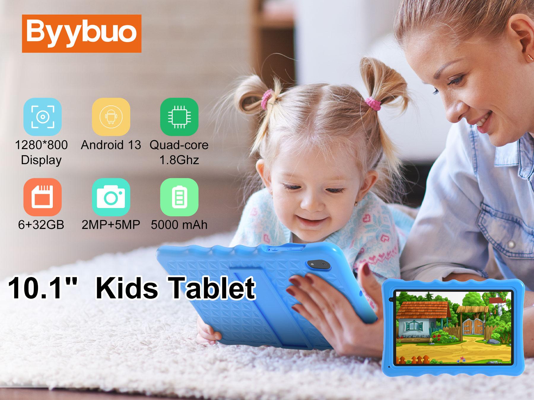 BYYBUO Kids Tablet, Toddler Tablets with Shockproof Protective Case, Dual Camera, Bluetooth, WiFi, 10.1 inch Android 13 Tablet for Kids