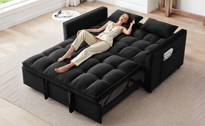 55” 3-in-1 Velvet Convertible Sofa Bed – Modern Double Sofa, Lounge Chair & Sleeper Bed with Adjustable Backrest | Includes Pillows & Storage Bag | Small Space, Apartment & Living Room Furniture | Velvet Futon, Multi-Functional – Easy 20 Min Assembly