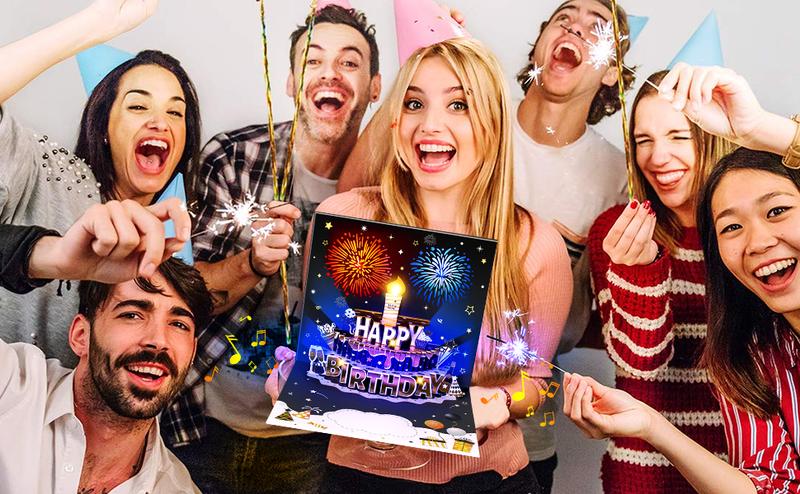 INPHER DIY Age Birthday Cards Fireworks Pop Up Cake Light and Music Black and Gold Happy Birthday Card Gift for Husband, Men, Women, Mom, Grandma