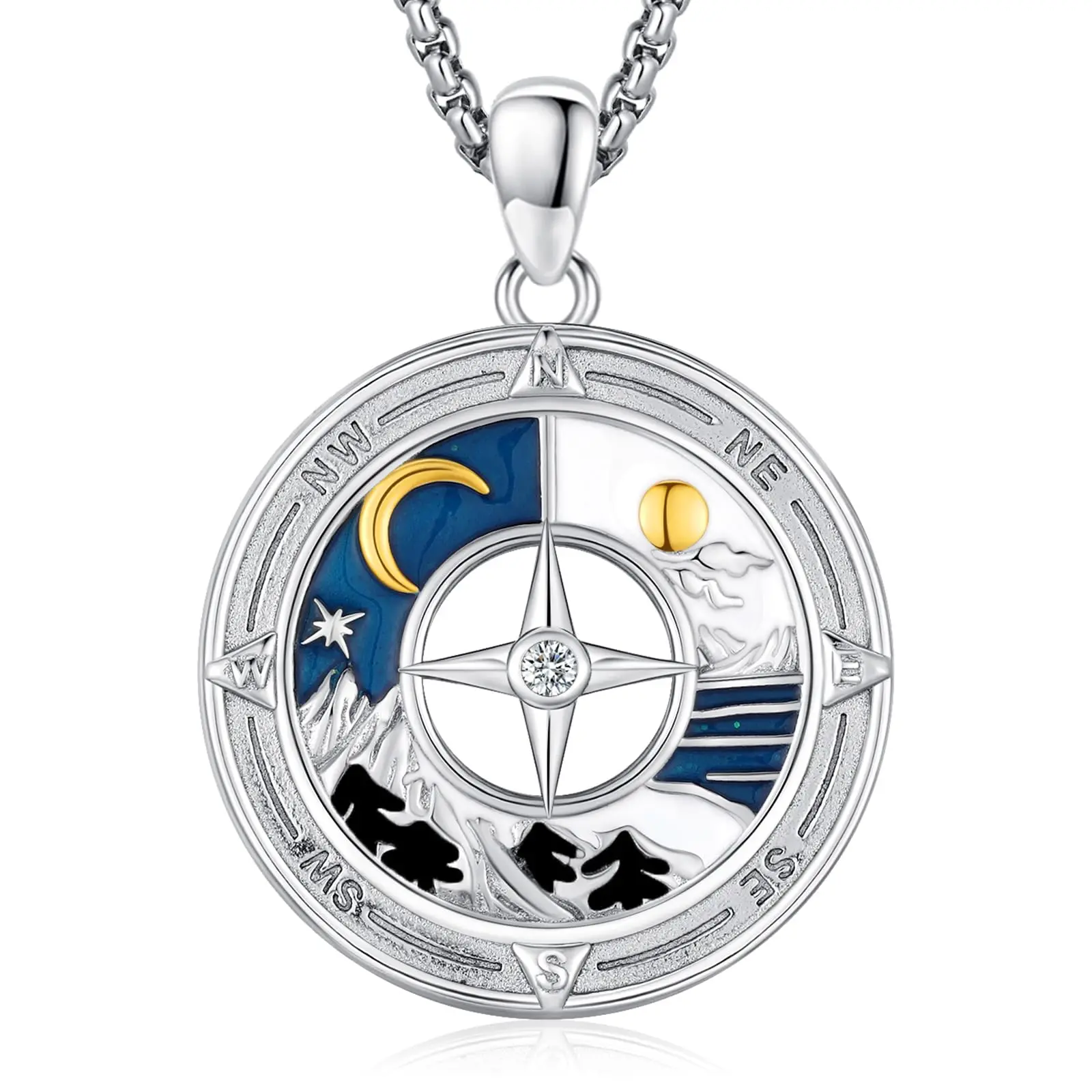 DRINSPER 925 Sterling Silver Mountain Compass Necklace, Adventure Direction Night and Day Necklace for Climbers, Adventure Necklace