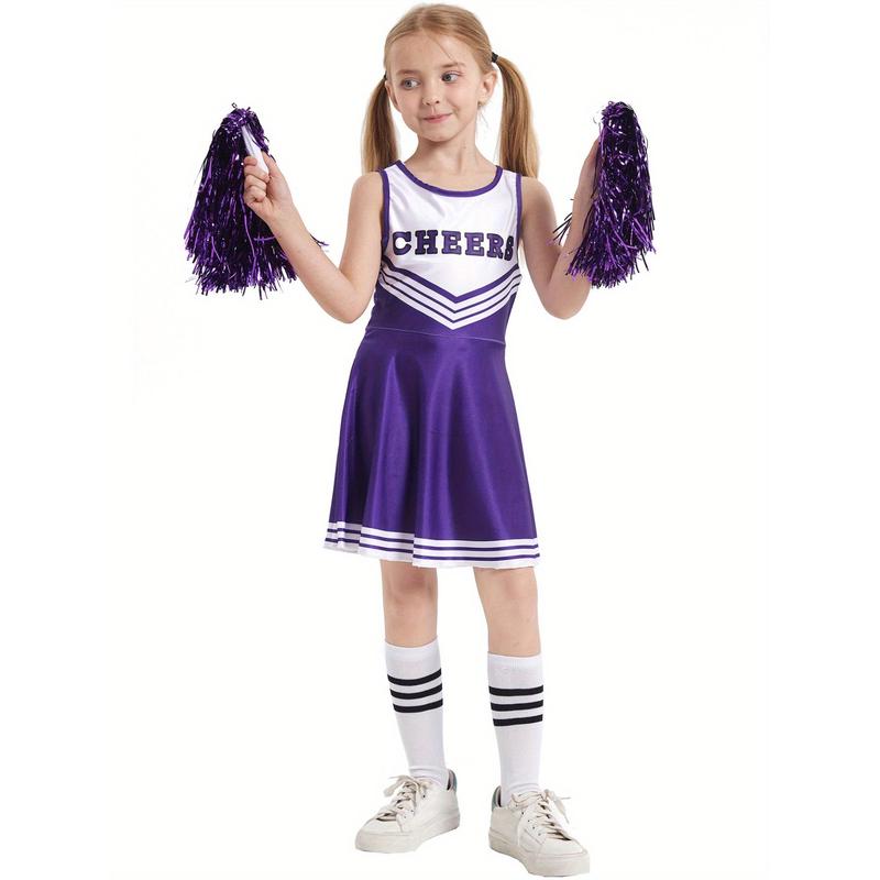 Plus Size Flyer Cheer Children'S Cheerleading Uniform Set, Kindergarten Girls' Cheerleading Uniforms, Stage Performance And Campus Cheerleading Uniforms, Including Socks And Pom-Poms, Ideal For Outdoor Activities