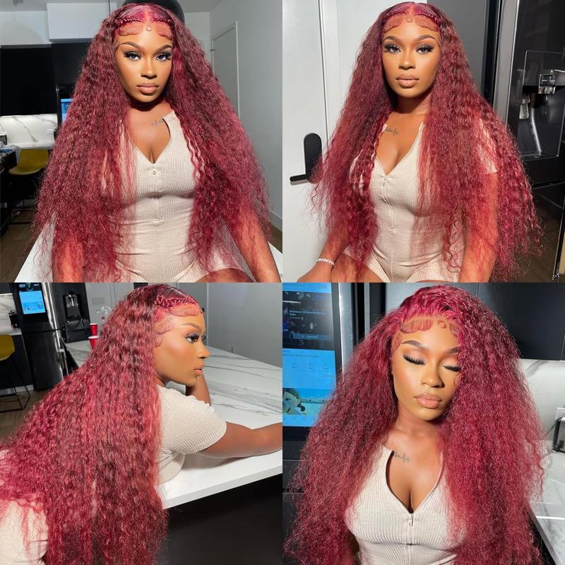 99j Burgundy 13x6 Deep Wave Lace Front Wigs Human Hair  HD Transparent Lace Front Wigs Human Hair for Women 180 Density Pre Plucked Wet And Wavy Red Colored Deep Curly Lace Frontal Wig