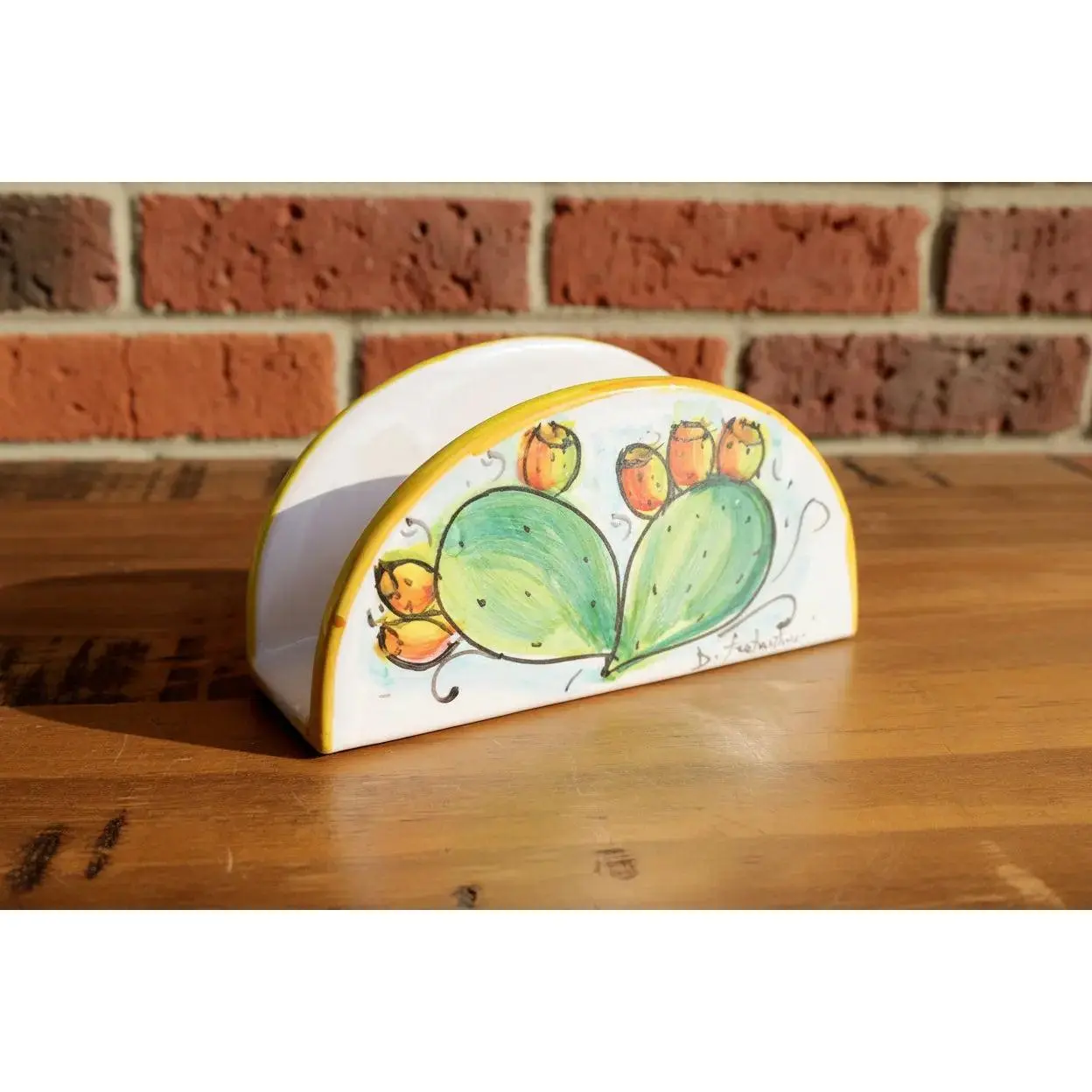 Glossy Cheerful Yellow Border Hand-Painted Italian Prickly Pear Cactus Ceramic Napkin Holder - 5.5" L, 3" H, 9.5 oz Traditional Arch Collectible Cultural Pottery Wedding Gift for Tabletop, Kitchen Islands, Mediterranean