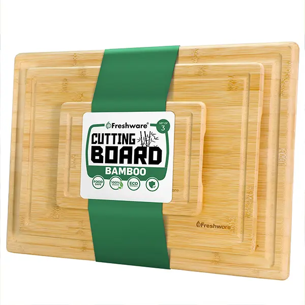 FRESHWARE 3-Piece Bamboo Cutting Board Set - Eco-Friendly, Natural, Non-Toxic, Food-Safe Bamboo-Derived Chopping Boards with Juice Grooves, Easy Grip Handles (9x6", 12x8", 15x10") for Meat, Veggies, Food-Safe Chopping Boards