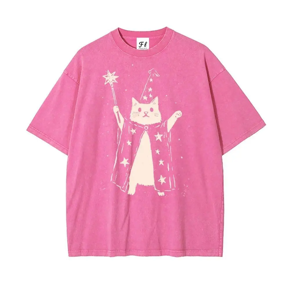 Vintage T-Shirts with Wizard Cat Graphic, Oversized Casual Soft Washed Cotton Top for Men & Women