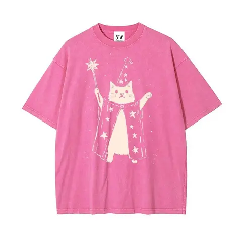 Men's Casual Oversized Soft Washed Cotton Short Sleeve Round Neck Vintage Graphic T-Shirt - Retro Wizard Cat Trendy Top, Graphic Clothing, S,L