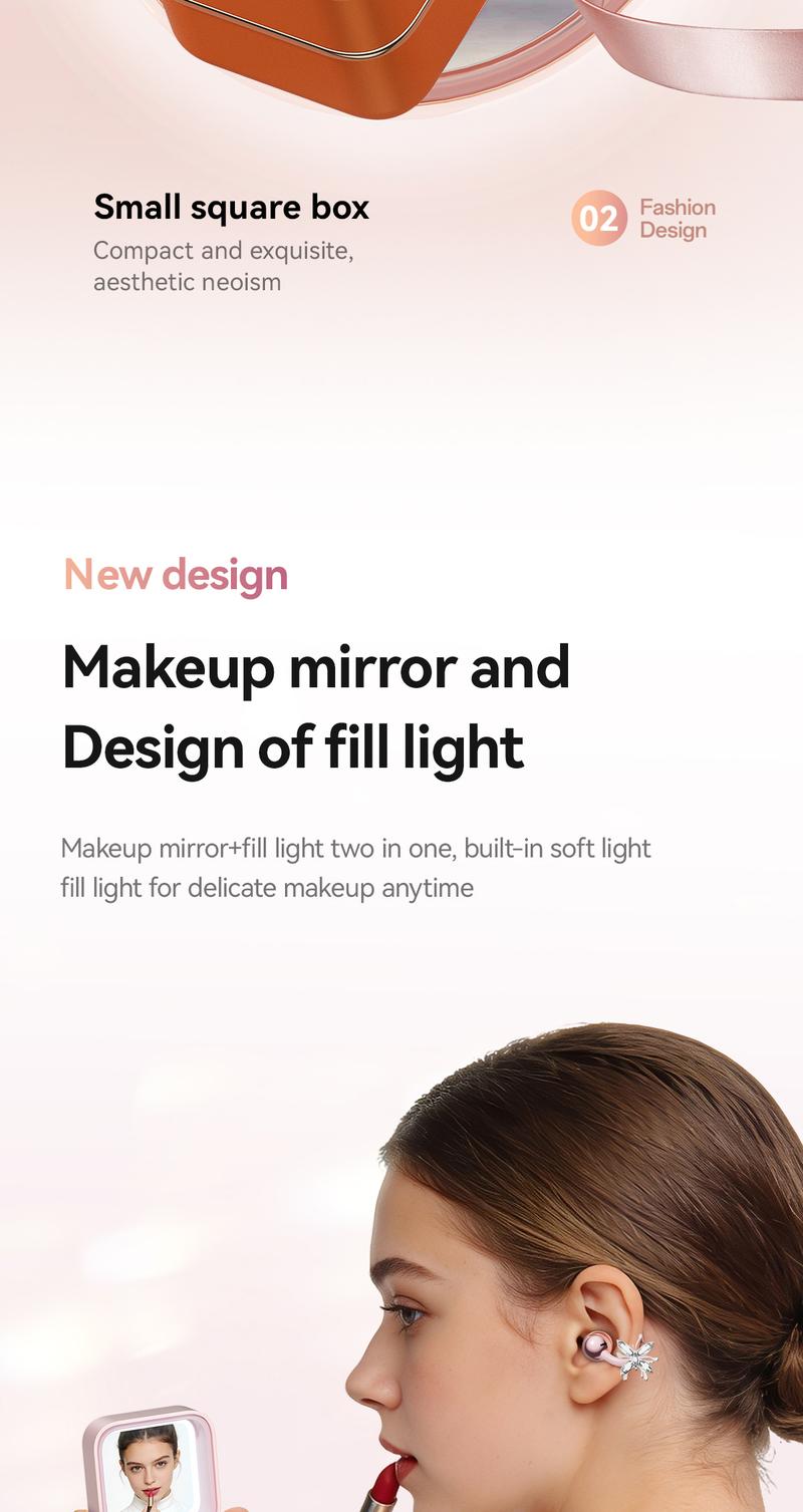 CHENRUIDA Open Ear Bluetooth Earbuds with Bow Ear Jewelry, Makeup Mirror Jewelry Case, Wireless Ear Clip Headphones, Perfect for Workouts, Office, Travel and Fashion Lifestyle