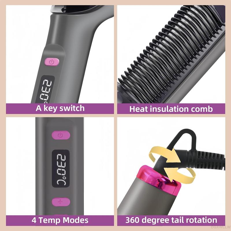 Hair Straightener Brush, Negative Ion Straightening Comb for Women, 10s Fast Heating, 4 Temp Modes 320°F–428°F, LED Display, Auto-Off, Dual Voltage, Black Hair Straightener Brush, Negative Ion Straightening Comb for Women, 10s Fast Heating, 4 Temp Modes 320°F–428°F, LED Display, Auto-Off, Dual Voltage, Black